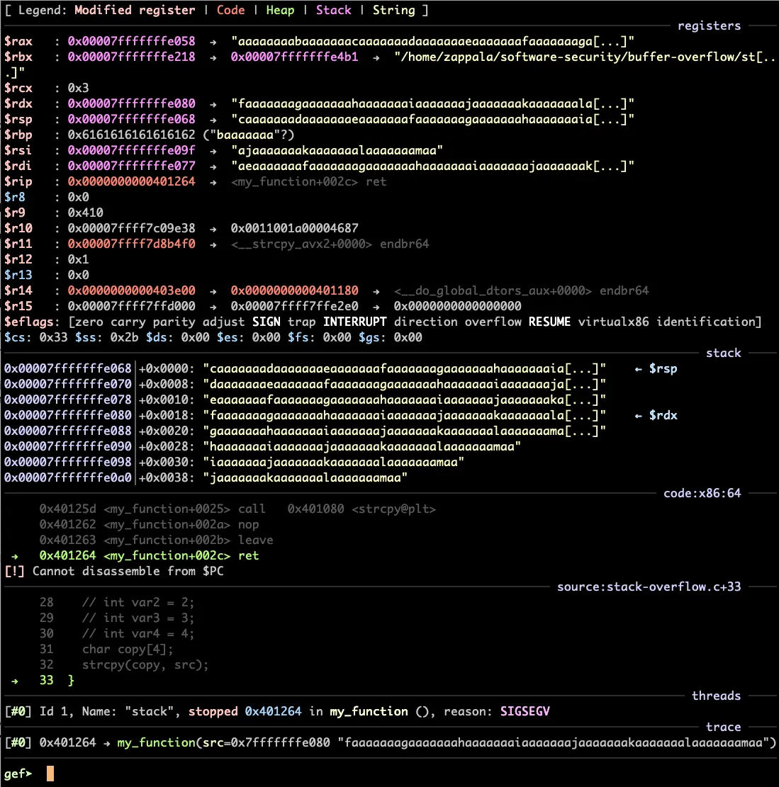 Crash output from gdb