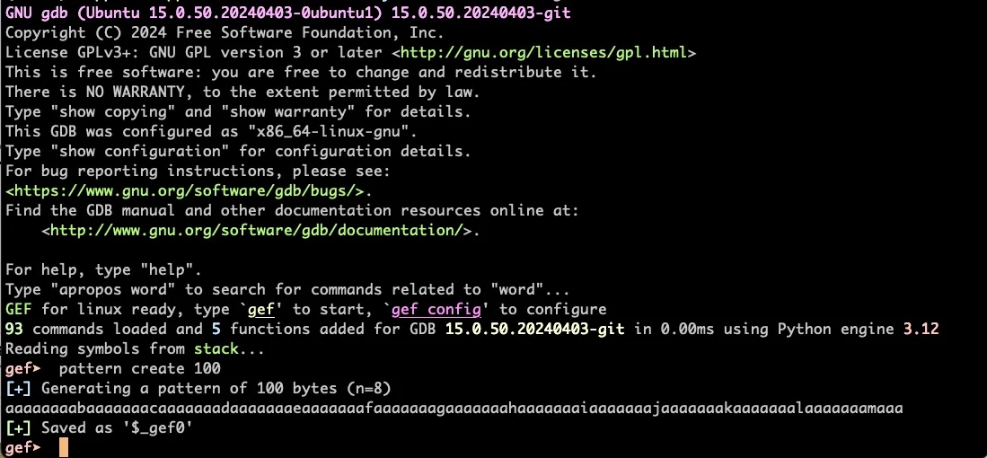 Using the pattern create command in gdb
